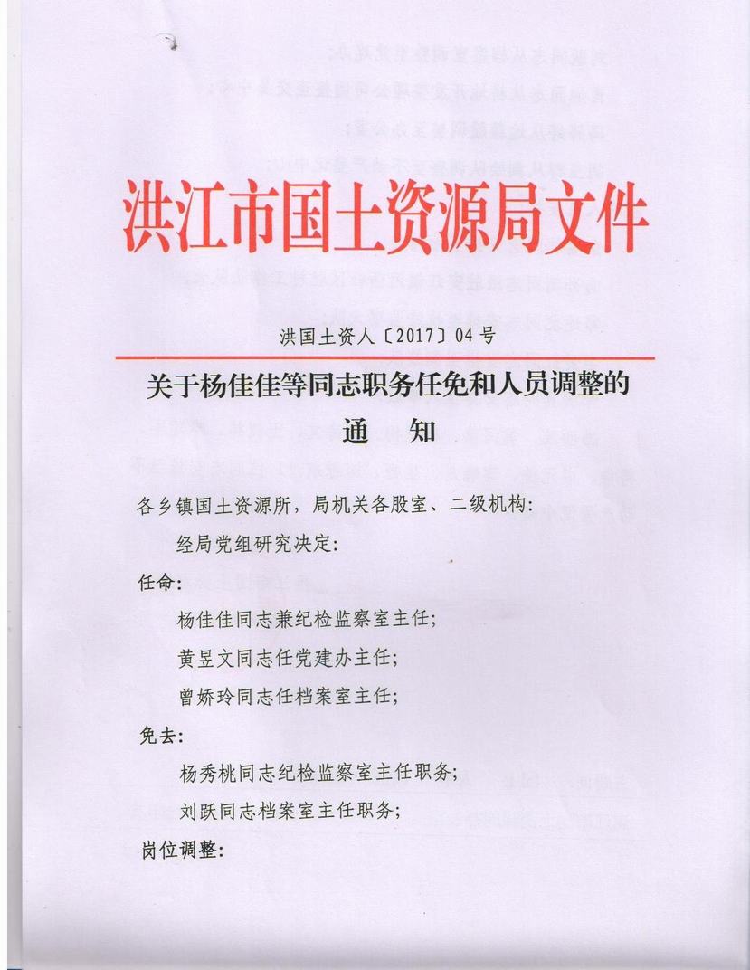 关于杨佳佳等同志职务任免和人员调整的通知洪国土资人201704号